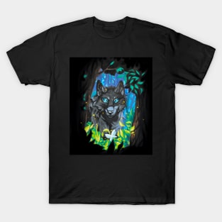 Black Wolf with Glowing Blue Eyes in the Forest T-Shirt